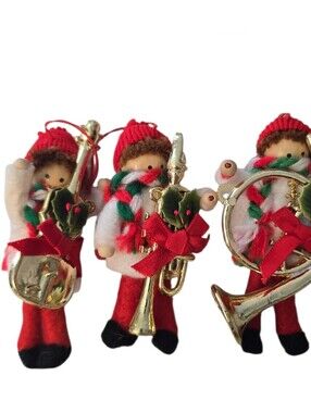 3 Handmade Wood Felt Plastic Miniature Boys with Musical Instruments Ornaments